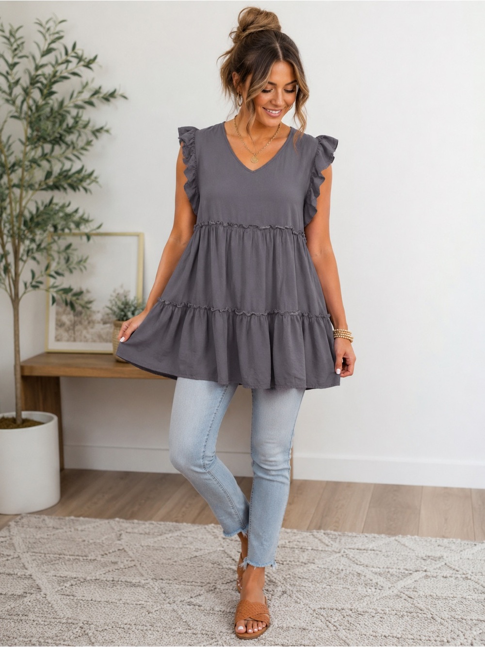 Zenana Gray Ruffle Sleeve Babydoll Tunic